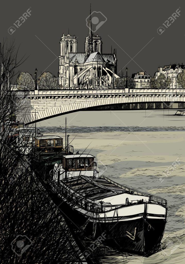 21378194-illustrazione-vettoriale-di-fiume-parigi-seine-con-chiatte-Île-de-la-cité-e-notre-dame-disegno-a-mano-